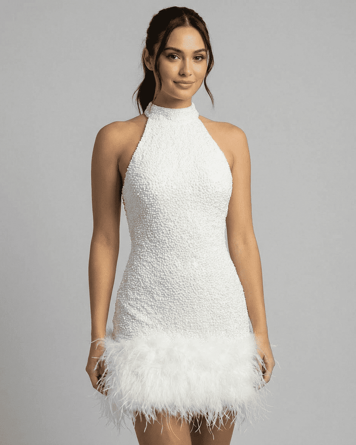 Julia | Minikleid Pailletten Neckholder Bodycon Fransenabschluss
