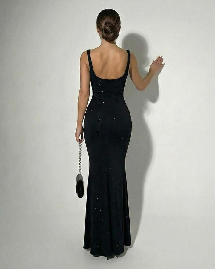 Leonie | Maxikleid Slim Fit Eckiger Ausschnitt Satin Glitzer Ärmellos
