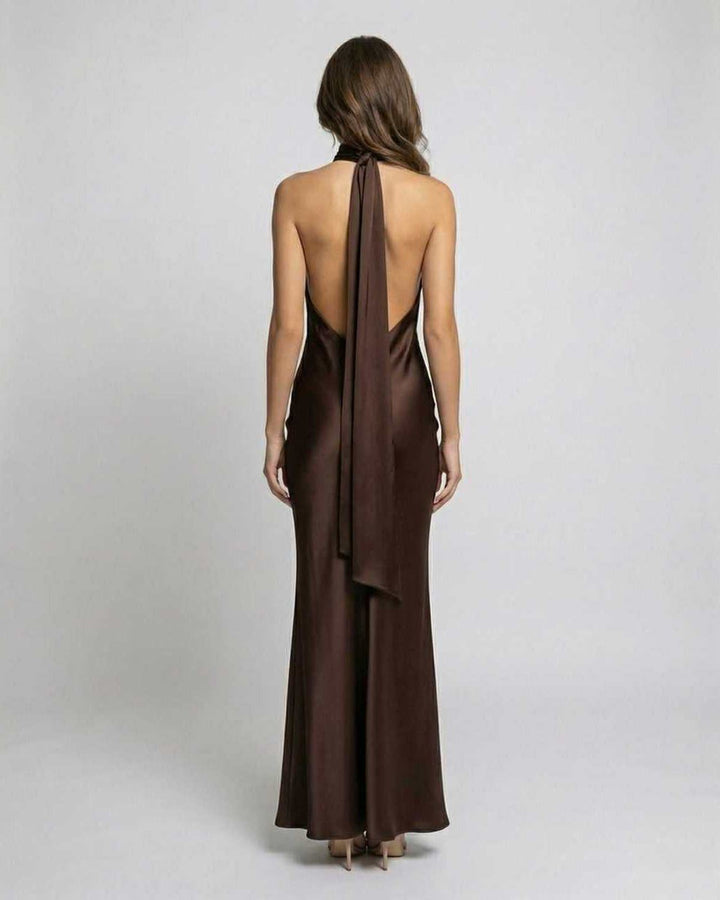 Sara | Maxikleid Satin Neckholder Offener Rücken High Waist