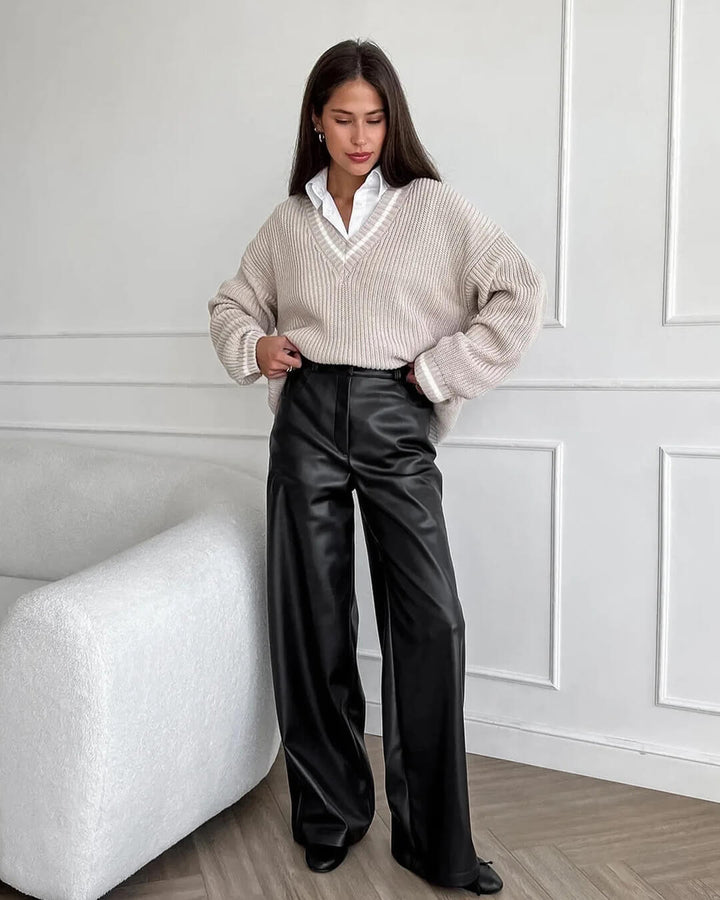 Zafina | Hose Kunstleder weit Bein hohe Taille gerade