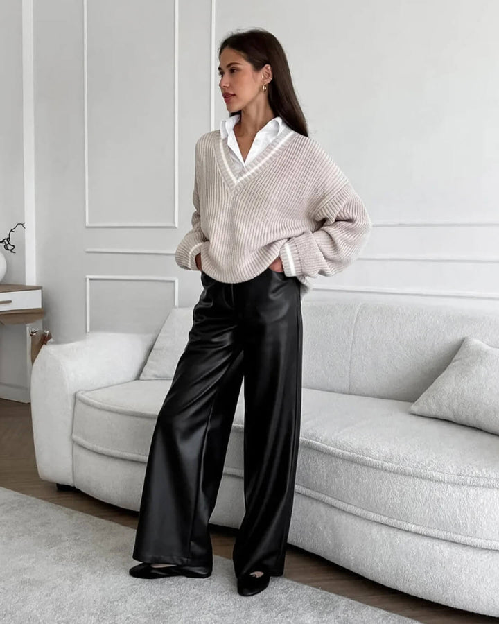 Zafina | Hose Kunstleder weit Bein hohe Taille gerade