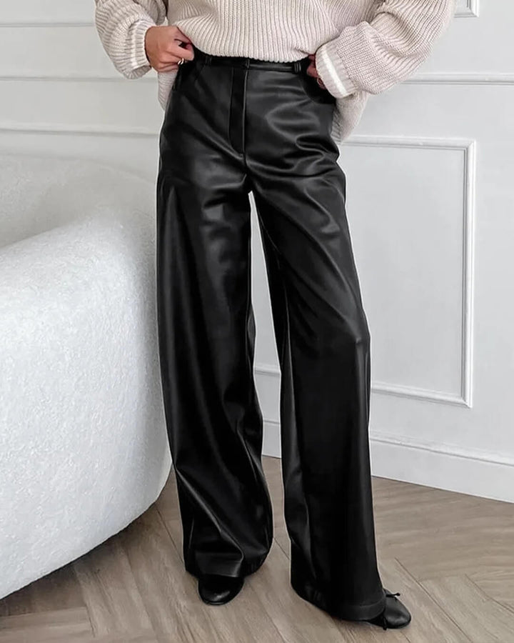 Zafina | Hose Kunstleder weit Bein hohe Taille gerade